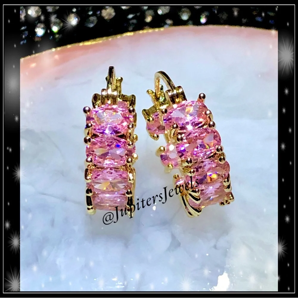 New 18k gold simulated diamond & pink amethyst chunky huggie earrings